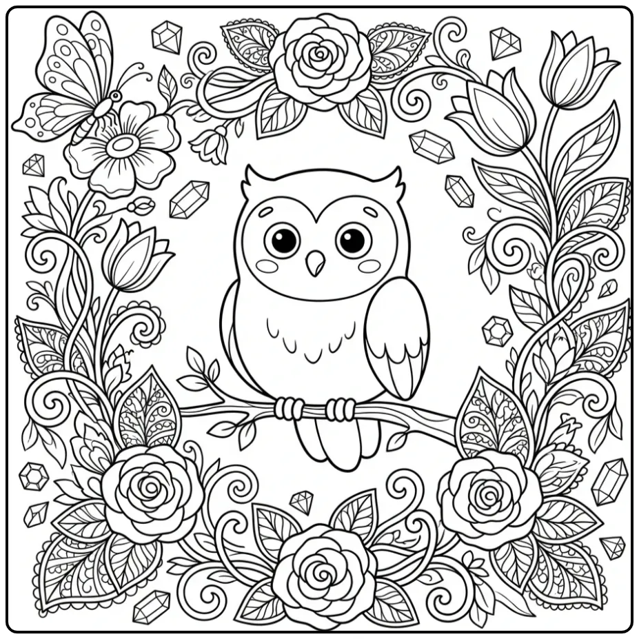 Sierlijke kleurplaat uil volwassenen met vlinder en blad.