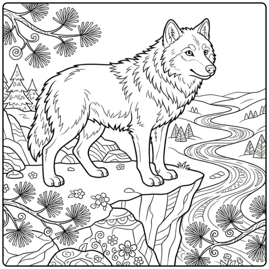 Majestueuze kleurplaat wolf moeilijk in een natuurlandschap.