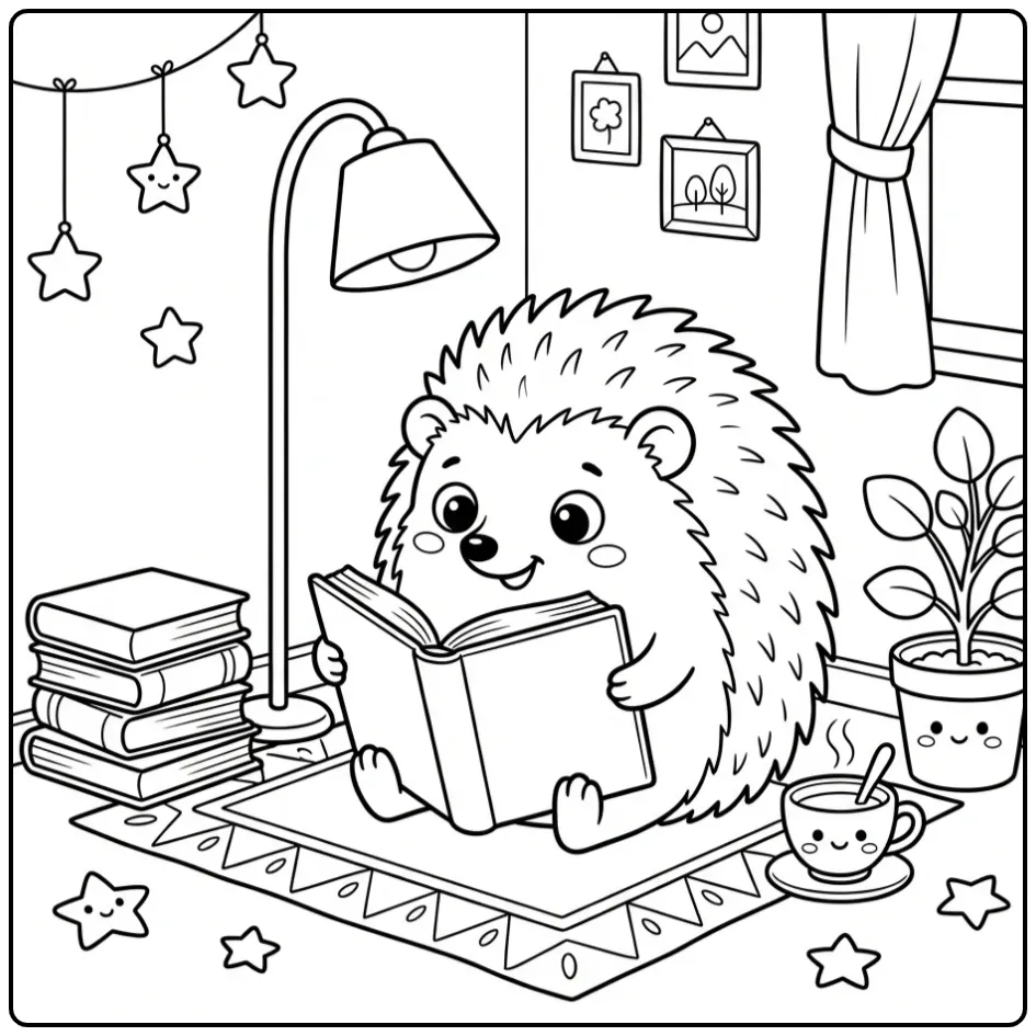 Egel kleurplaat van een lezend egeltje met boeken.