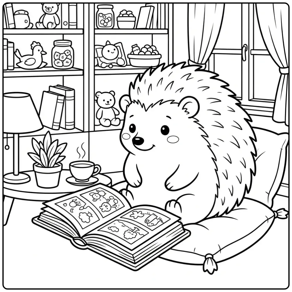 Schattige egel kleurplaat lezend in een knusse hoek.