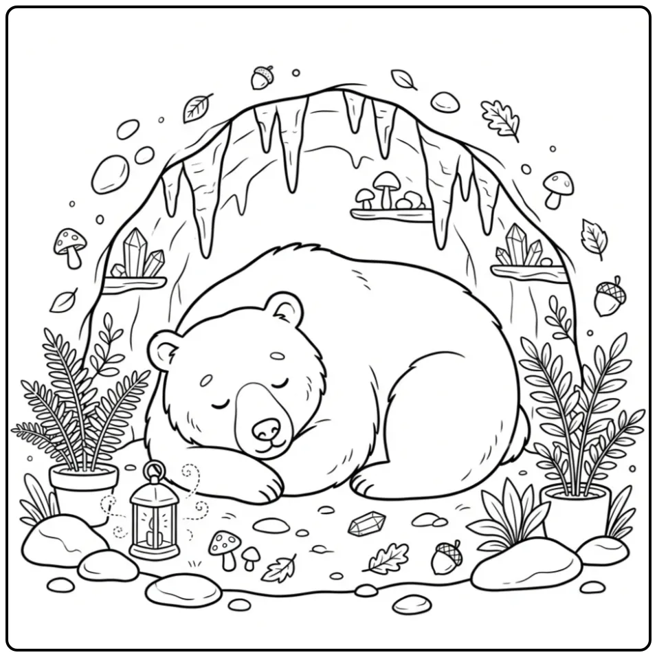 Schattige slapende beer in een grot als kleurplaat beer.