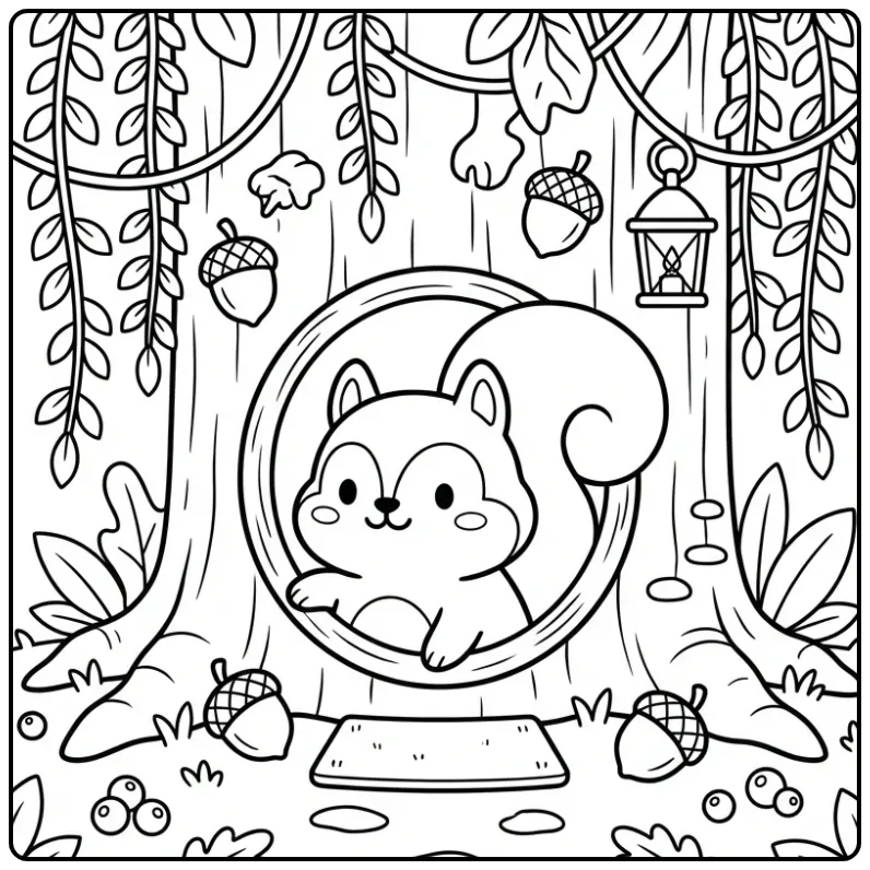 Schattige kleurplaat eekhoorn in boomhuis met eikeltjes.