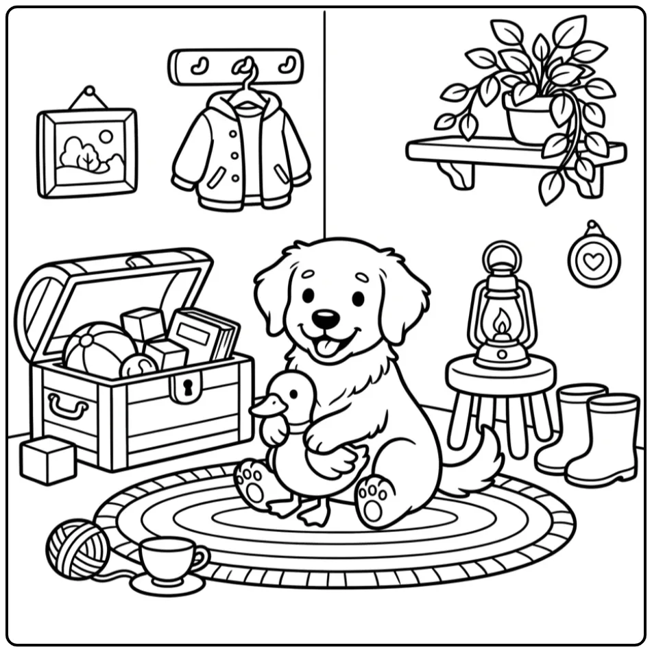 Schattige kleurplaat friese stabij pup met eendje.