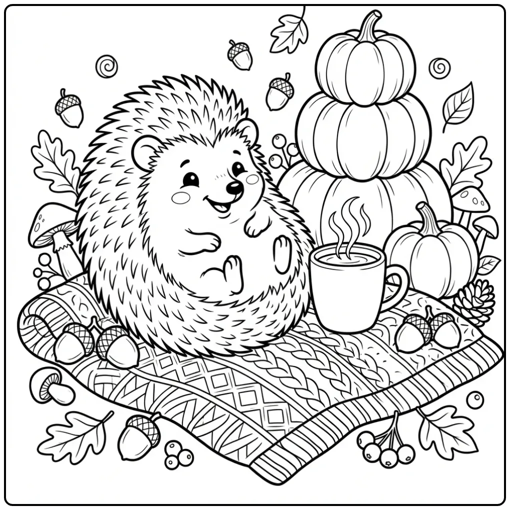 Schattige kleurplaat herfst egel met pompoenen en mok.