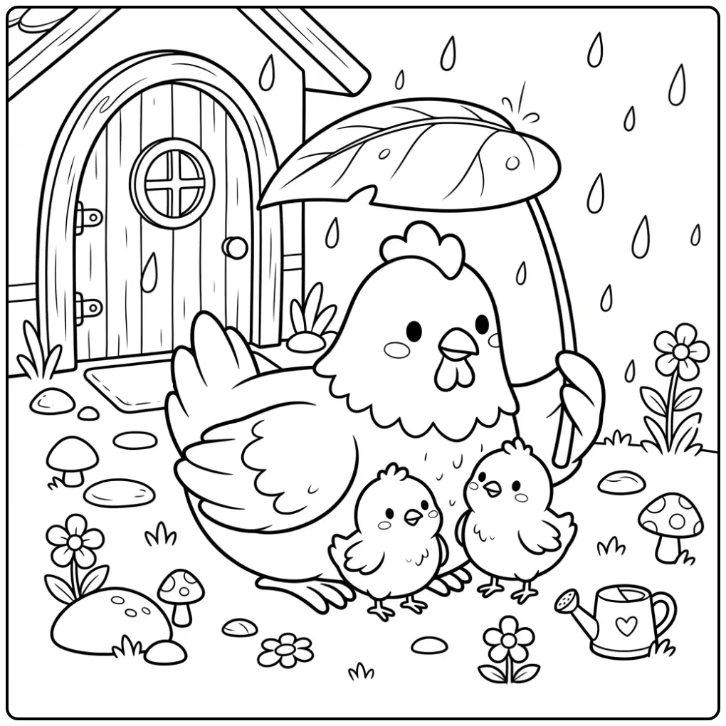 Kleurplaat kip met kuikens schuilend onder een blad.