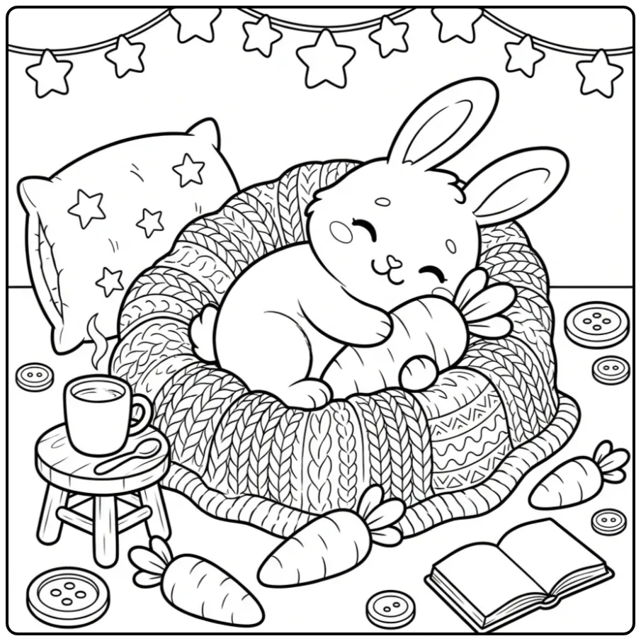 Schattige kleurplaat knuffel konijn met een zachte wortel