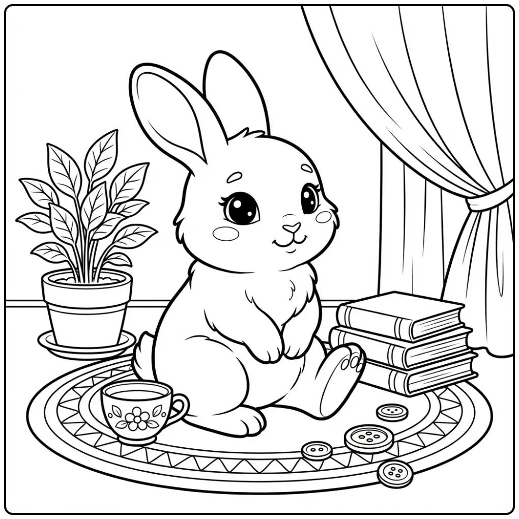 Schattige kleurplaat konijn op een kleedje met boeken.