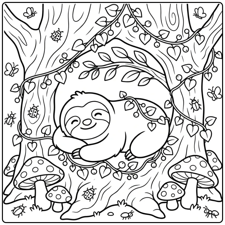 Schattige kleurplaat luiaard in een gezellige boomhut.