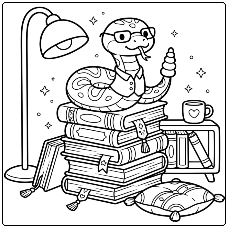 Schattige kleurplaat ratelslang lezend op een stapel boeken.