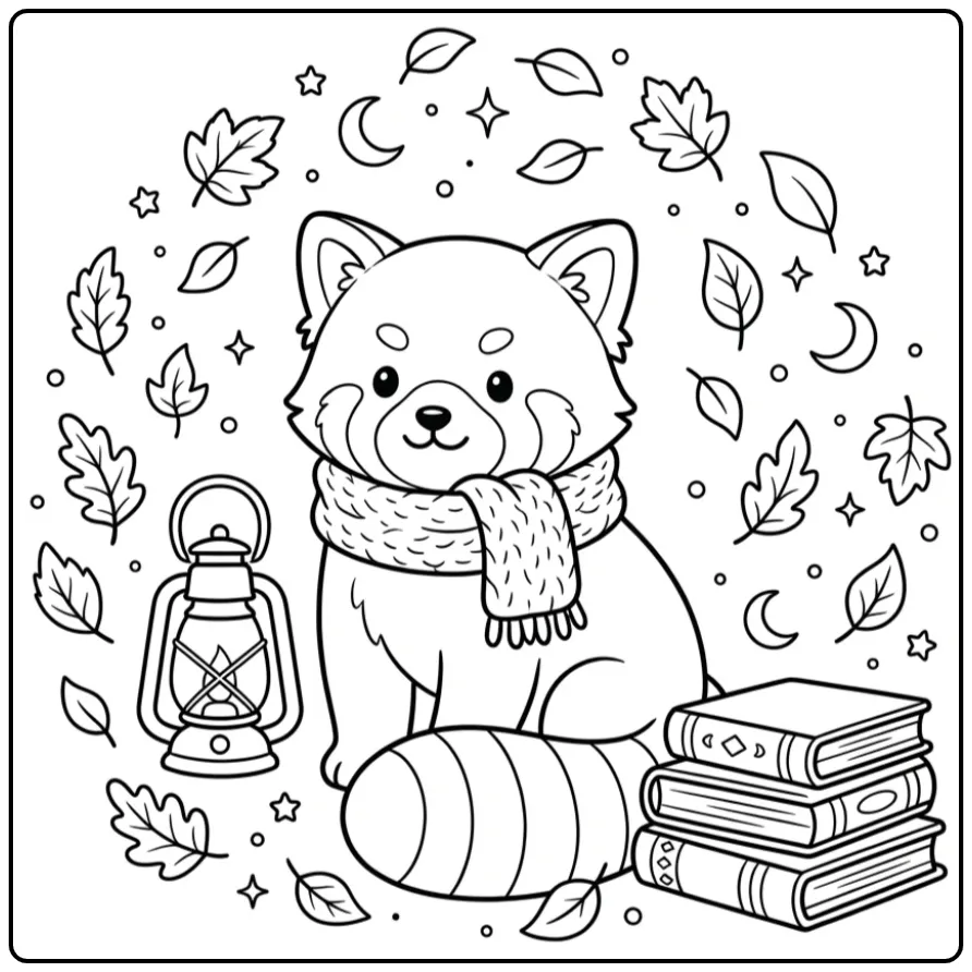 Magische kleurplaat rode panda schattig met warme sjaal.