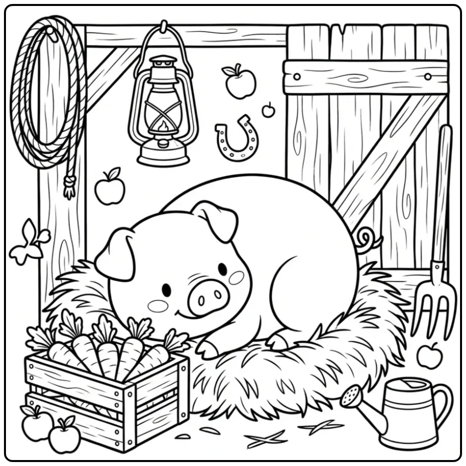 Een schattige kleurplaat varken slapend in het stro.