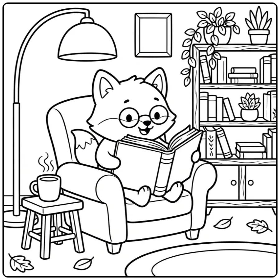 Een schattige kleurplaat vos die leest in een luie stoel.