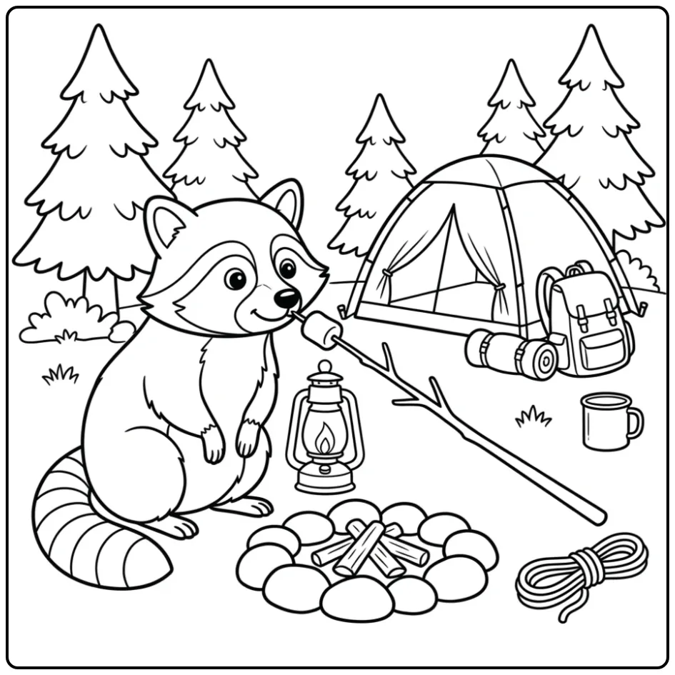Leuke kleurplaat wasbeer bij een kampvuur met marshmallows.