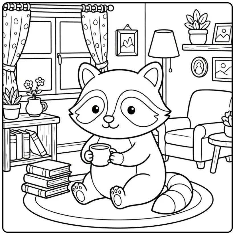 Schattige kleurplaat wasbeer in een gezellige blokhut.