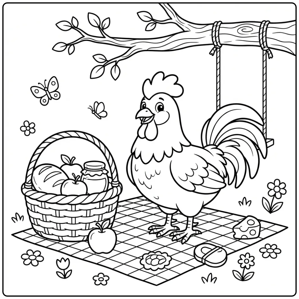Leuke kleurplaat kip haan bij een picknick met mand en appels.