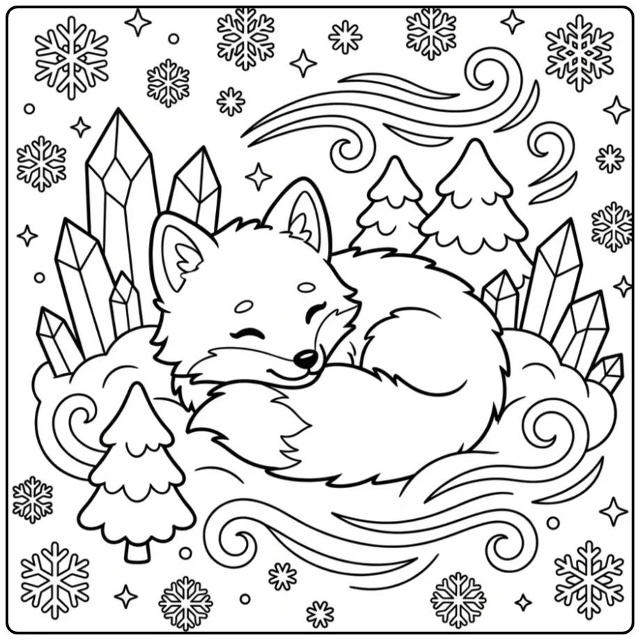 Schattige slapende poolvos kleurplaat in de sneeuw.