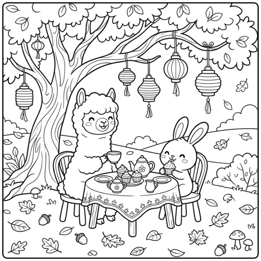 Schattige kleurplaat alpaca en konijn bij een theekransje.