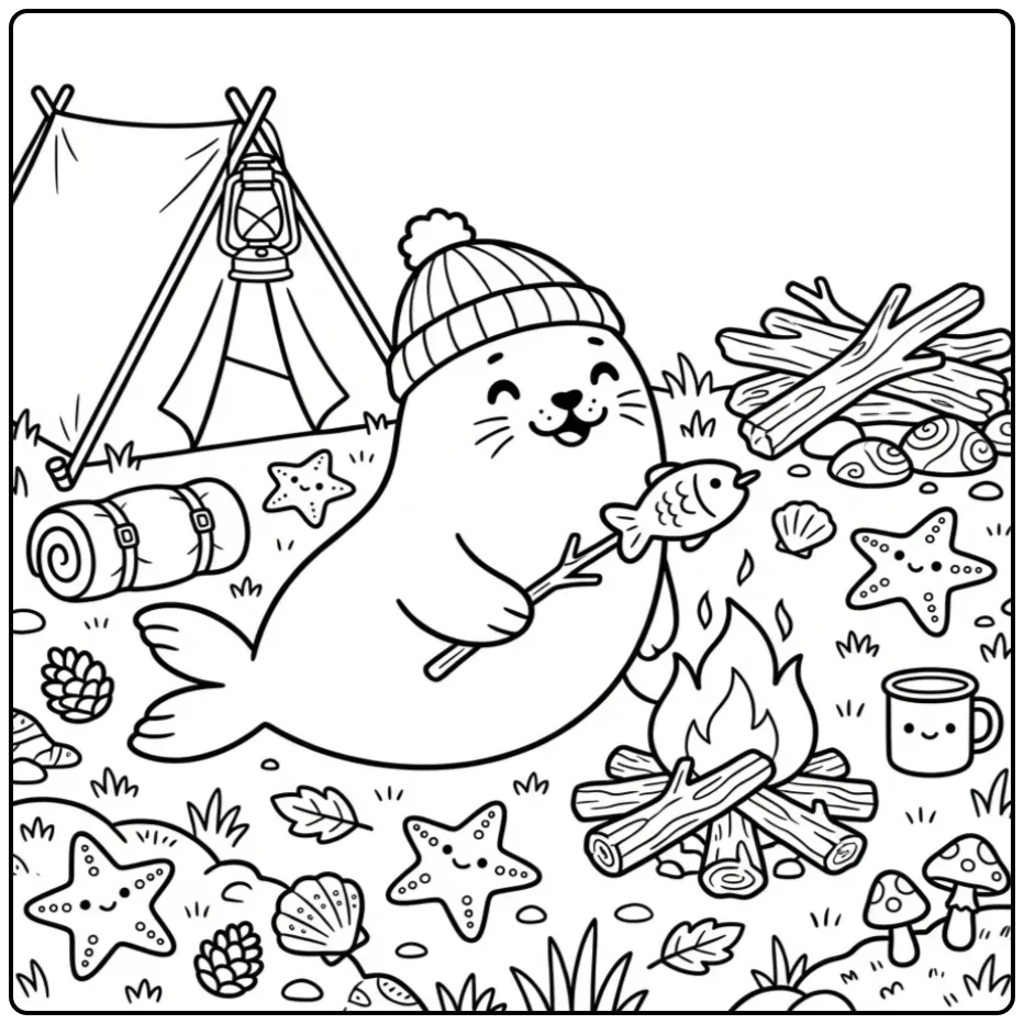 Schattige kamperende zeehond kleurplaat met een tentje.
