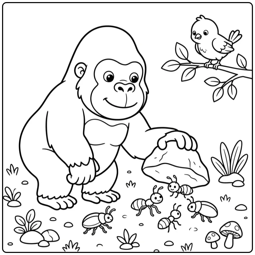 Schattige gorilla kleurplaat die insecten zoekt onder steen.