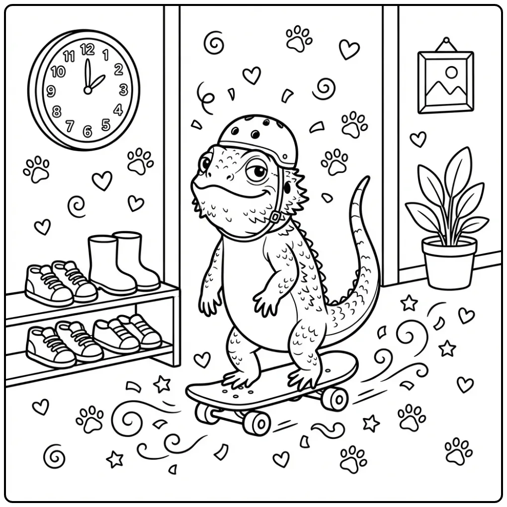 Grappige baardagaam kleurplaat op een klein skateboard.