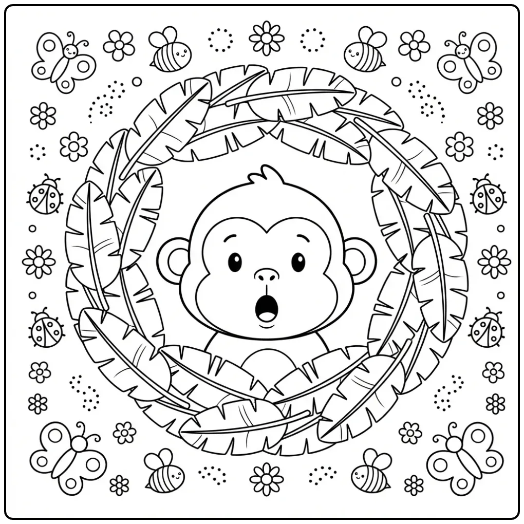 Schattige kleurplaat aap hoofd in een krans van bladeren.