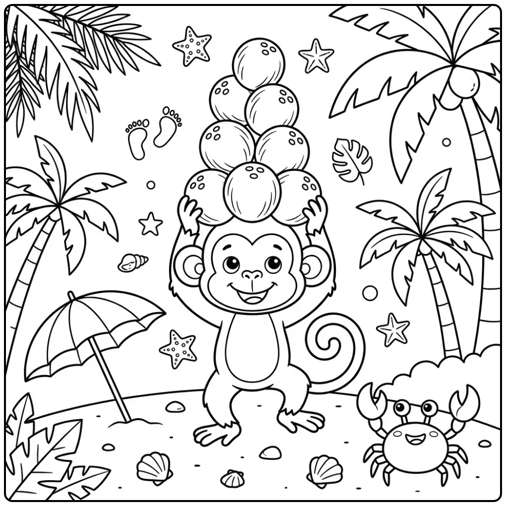 Schattige kleurplaat aap balanceert kokosnoten met krab.