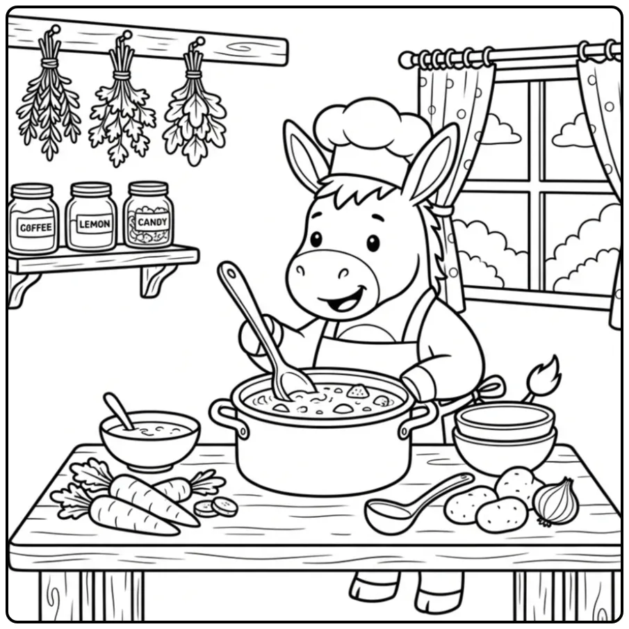 Kleurplaat ezel als chef-kok roert in een grote soeppan.