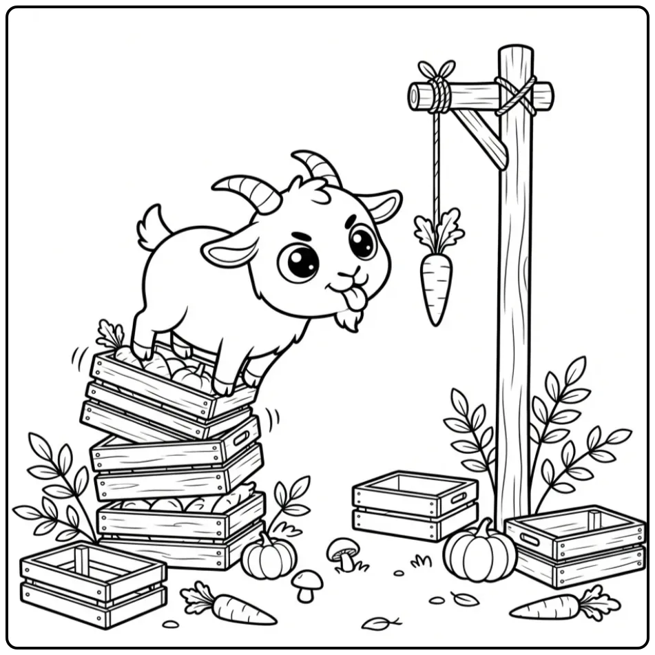 Leuke kleurplaat geit reikt naar een wortel aan een touw.