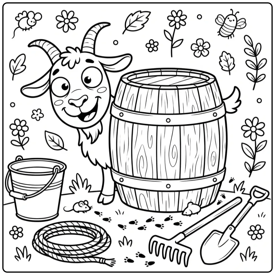 Schattige kleurplaat geit kijkt achter een grote ton.