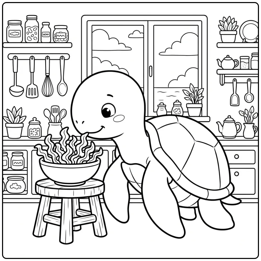 Kleurplaat schildpad ruikt aan snacks in een keuken aan zee.