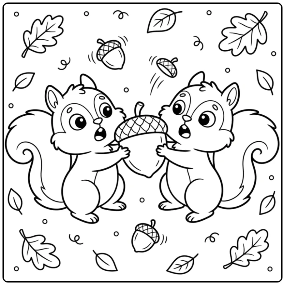 Schattige twee vechtende eekhoorntjes kleurplaat met bladeren.