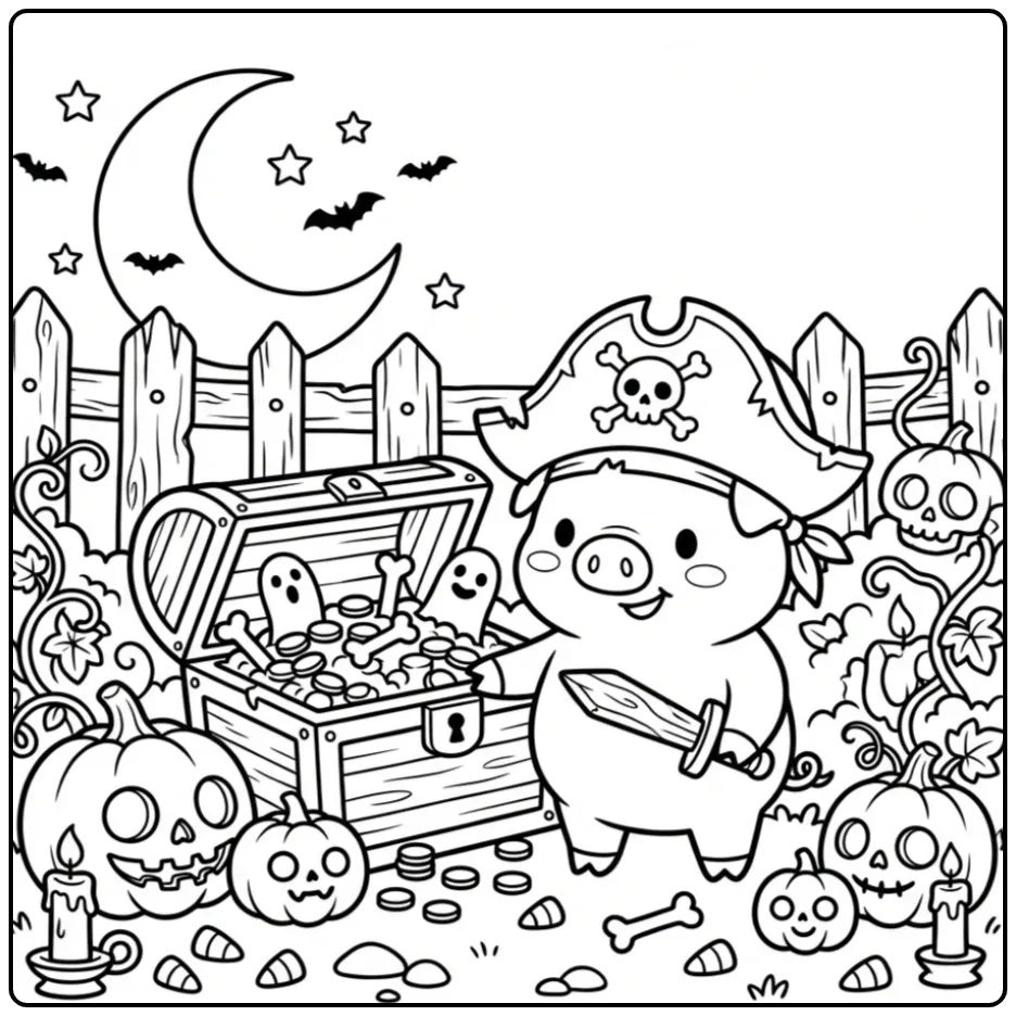 Griezelige Halloweenkleurplaat van een varken als piraat.