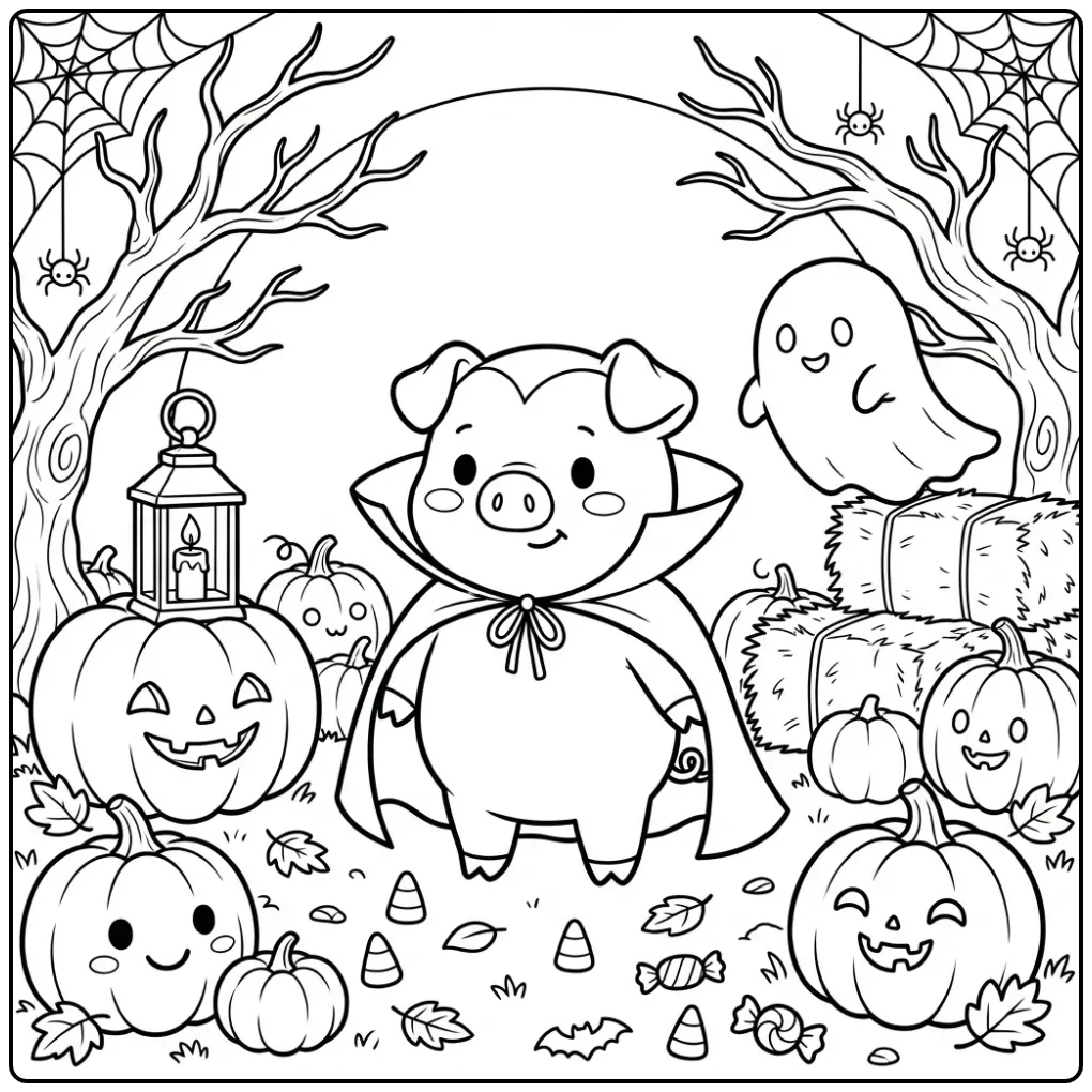 Leuke Halloweenkleurplaat van een varken als vampier.