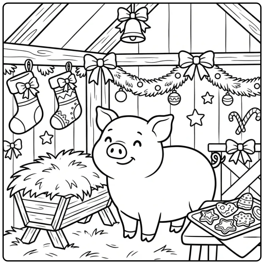 Vrolijke Kerstkleurplaat van een varken in een versierde stal.