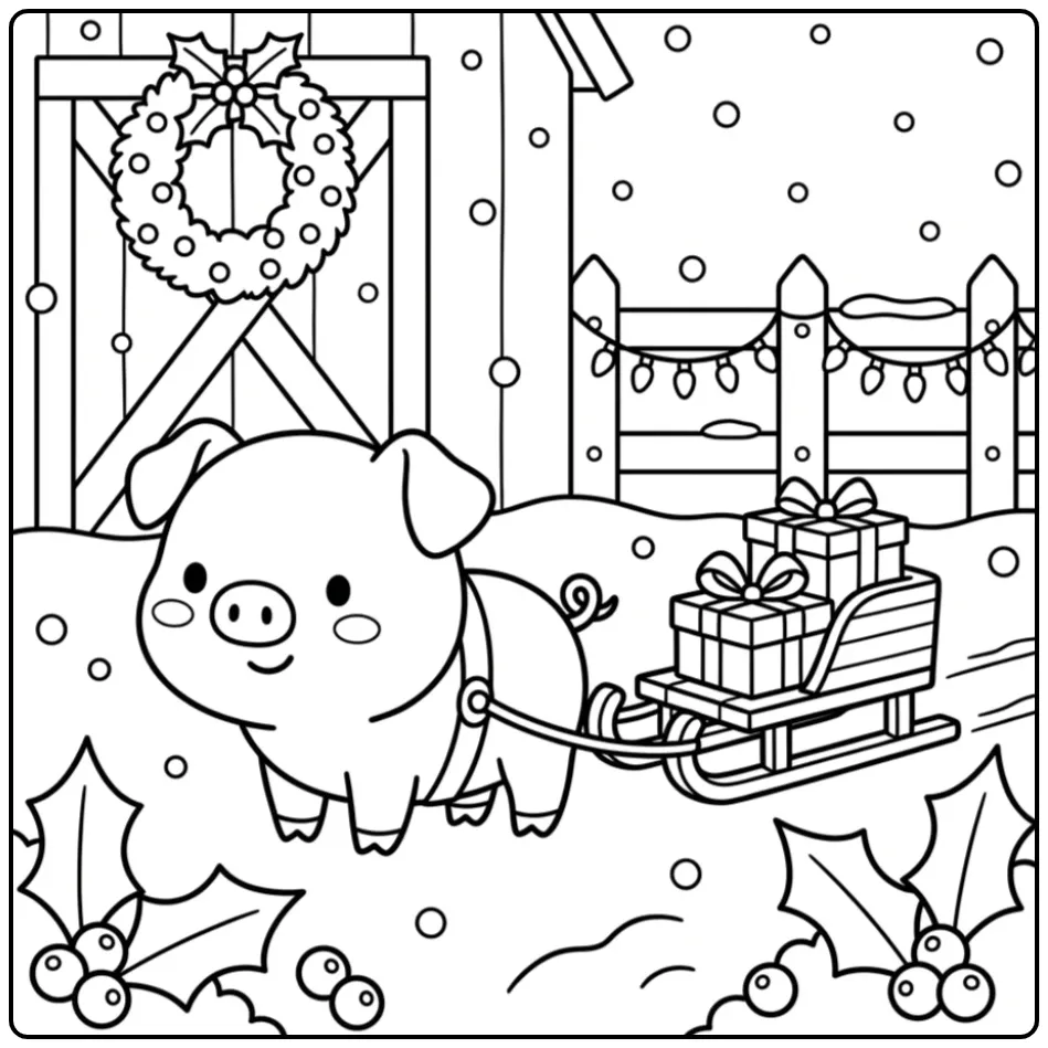 Vrolijke Kerstkleurplaat van een varken met arrenslee.