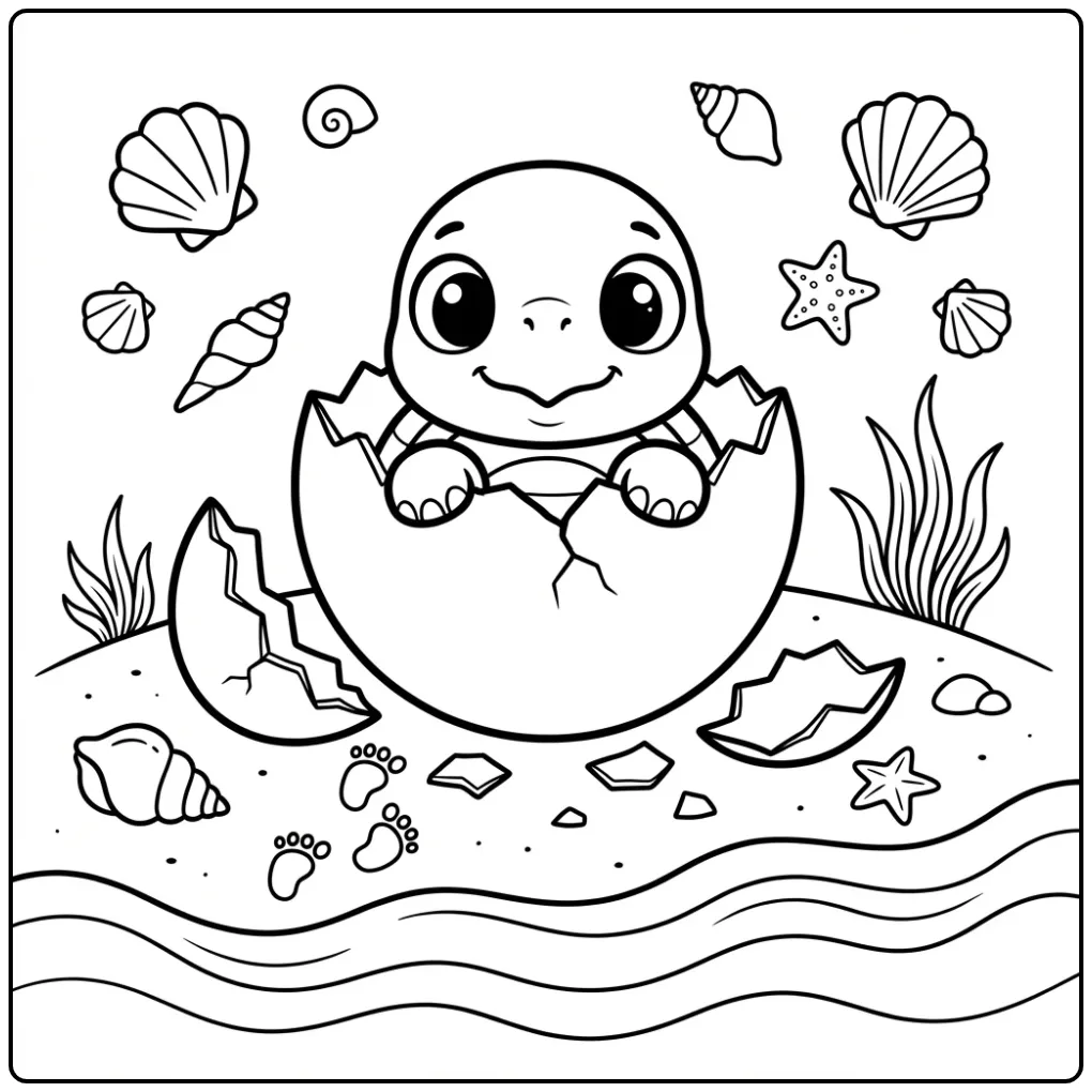 Schattige kleurplaat baby schildpad die uit een ei kruipt.