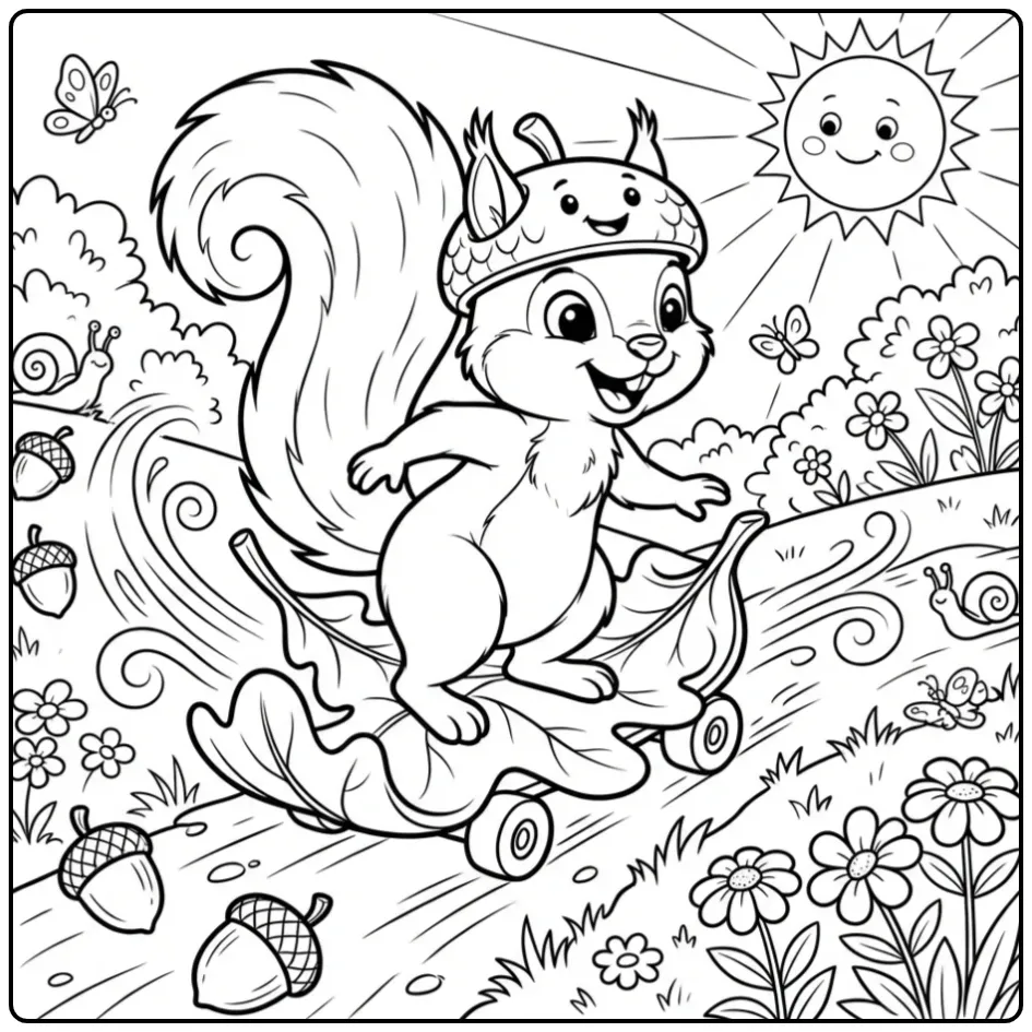 Een vrolijke kleurplaat eekhoorn op een blad skateboard.