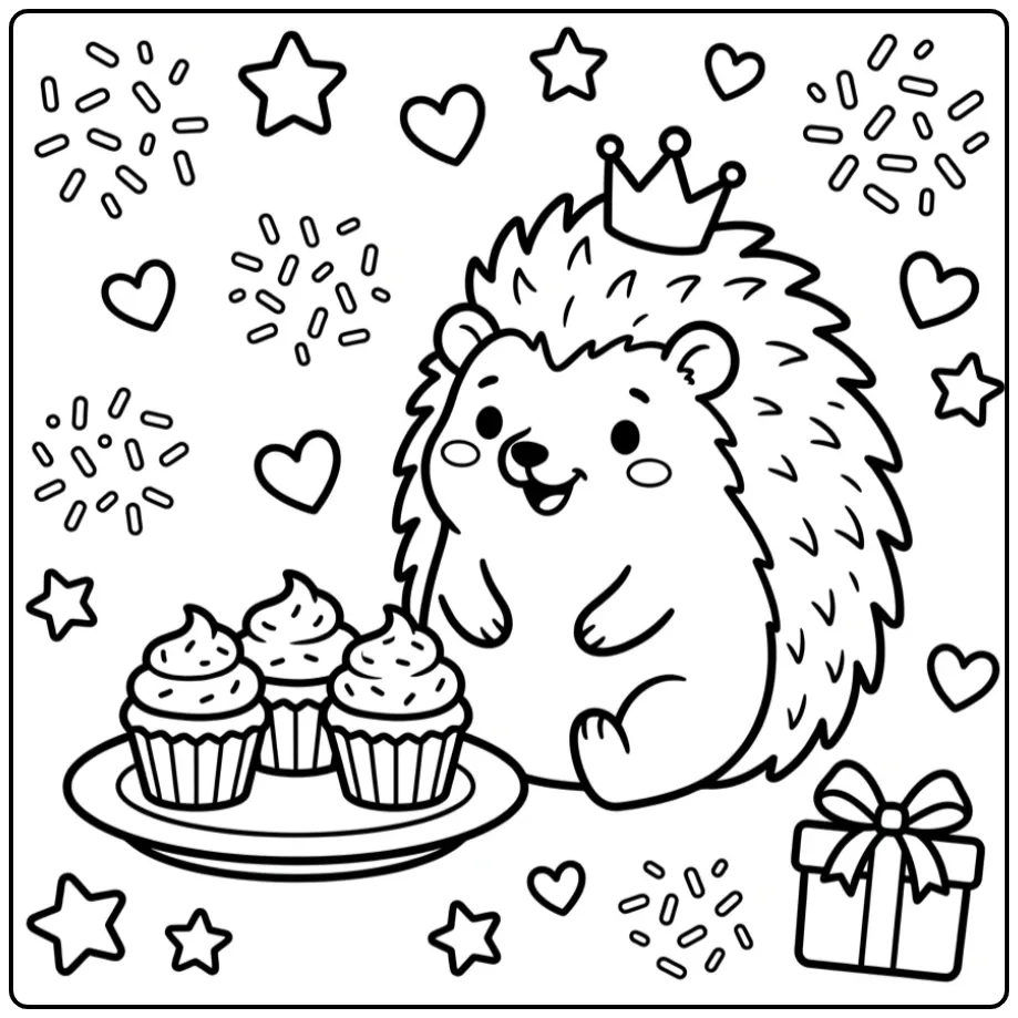 Een feestelijke kleurplaat egel schattig met cupcakes.