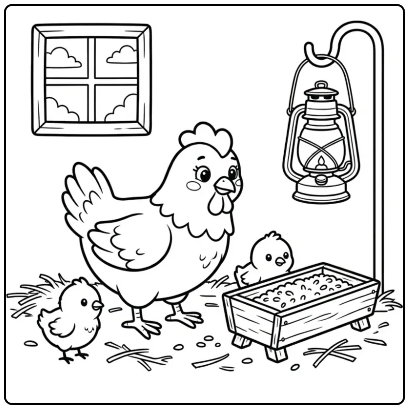 Een schattige kleurplaat kip met kuikens bij een voerbak.