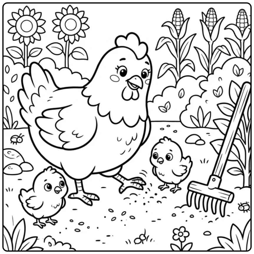 Schattige kleurplaat kip met kuikens die zoeken naar zaadjes.