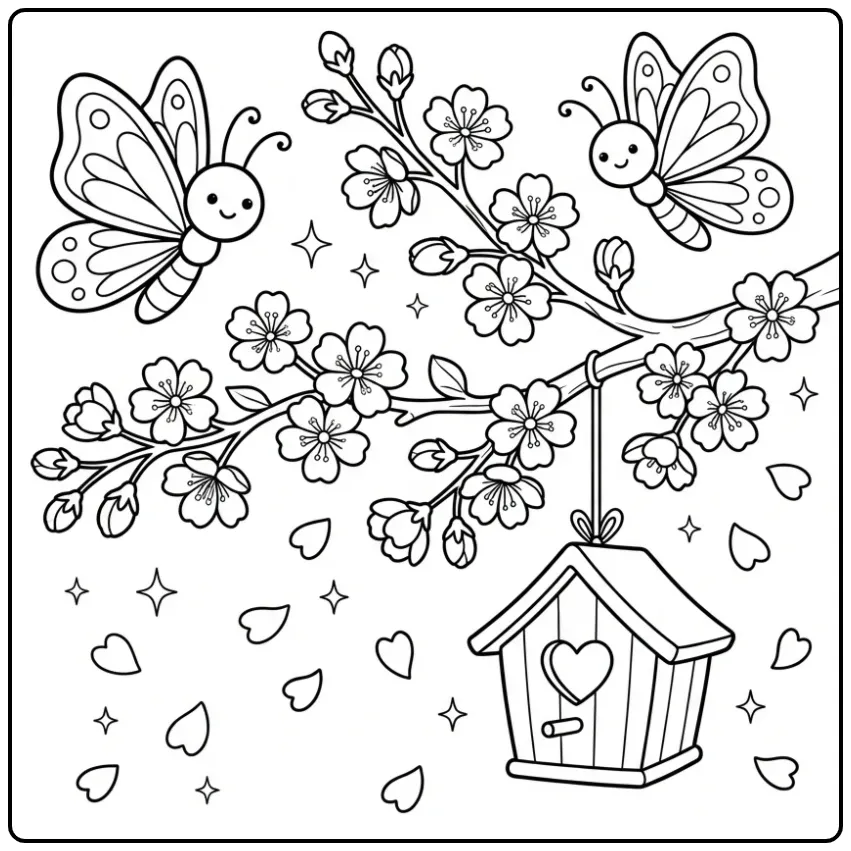 Een vrolijke kleurplaat lente vlinder met kersenbloesem.