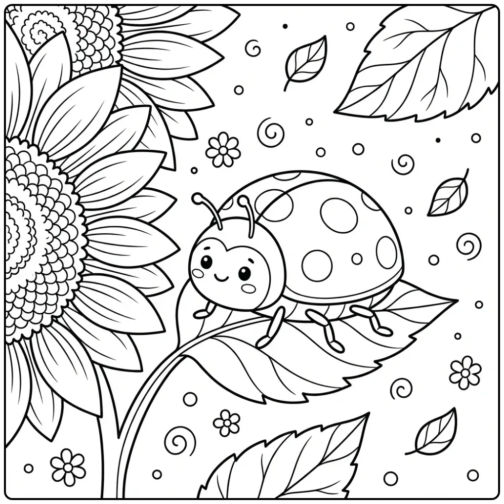 Schattige kleurplaat lieveheersbeestje op een zonnebloemblad