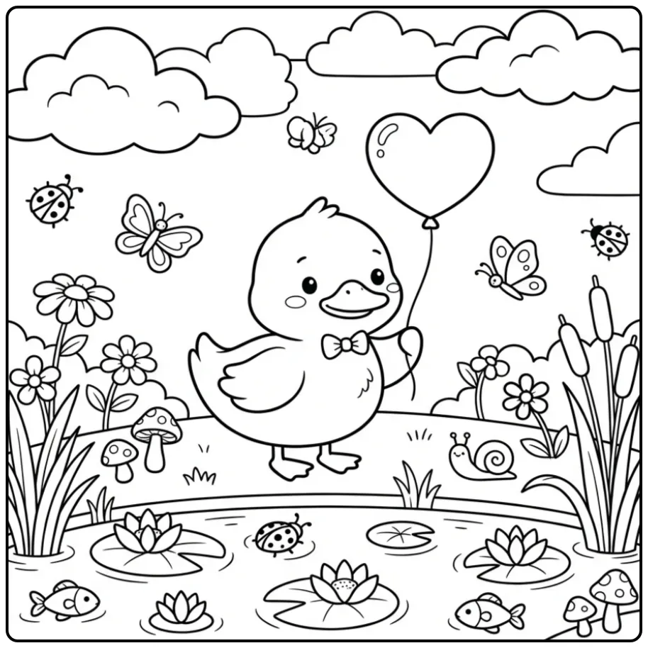 Kleurplaat schattig eendje met strik en een hartjesballon.