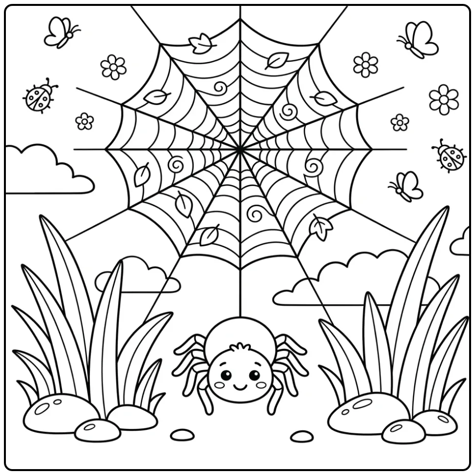 Leuke kleurplaat spinnenweb met spin in een tuin vol gras.