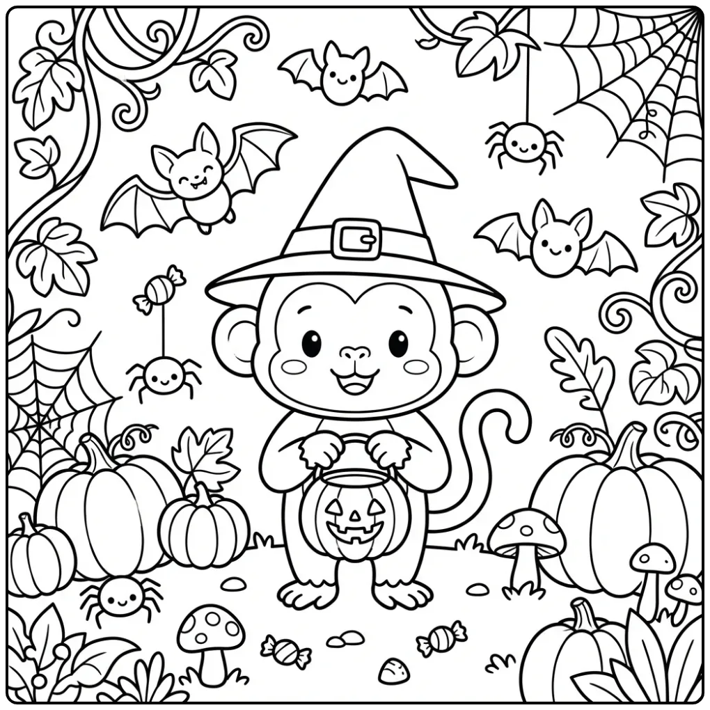 Kleurplaat van een aap voor Halloween met een leuke heksenhoed.
