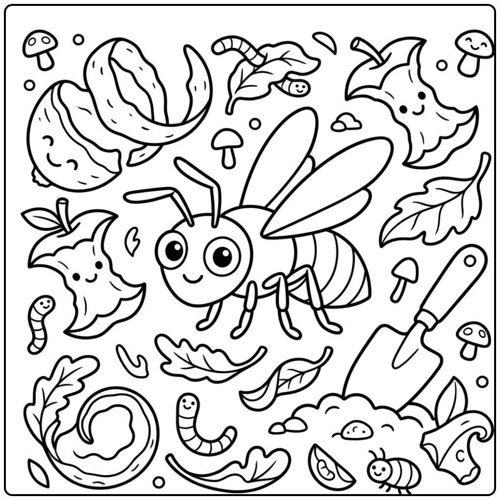 Een leuke kleurplaat wesp op een composthoop met fruit.