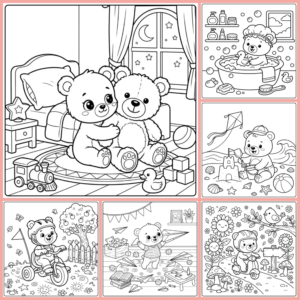 A collage of different coloring page designs.