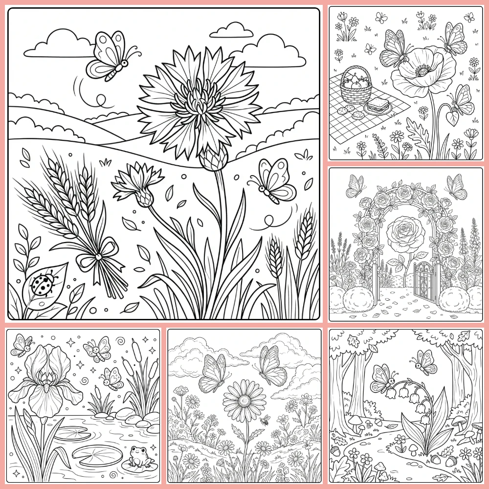 A collage of different coloring page designs.