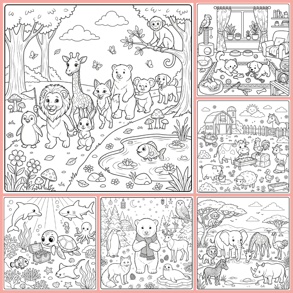 A collage of different coloring page designs.