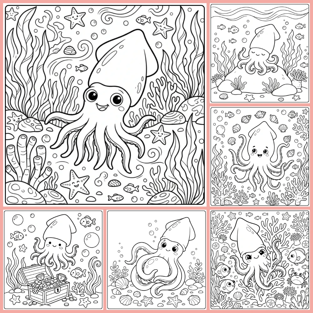 A collage of different coloring page designs.